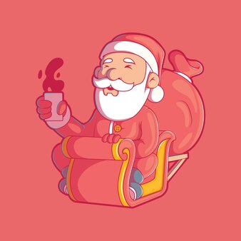 Weihnachtsmann auf seinem schlitten kaffee trinken vektor-illustration weihnachtsfeier lustiges design-konzept