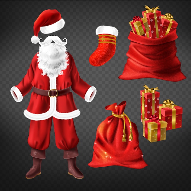 Weihnachtsmann-kostüm mit lederstiefeln, rotem hut, falschem bart und weihnachtsstrumpfsocke