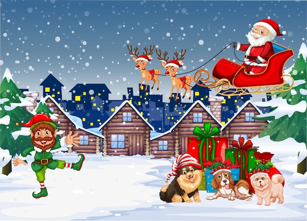 Weihnachtsmann mit Freunden auf schneebedecktem blauem Hintergrund