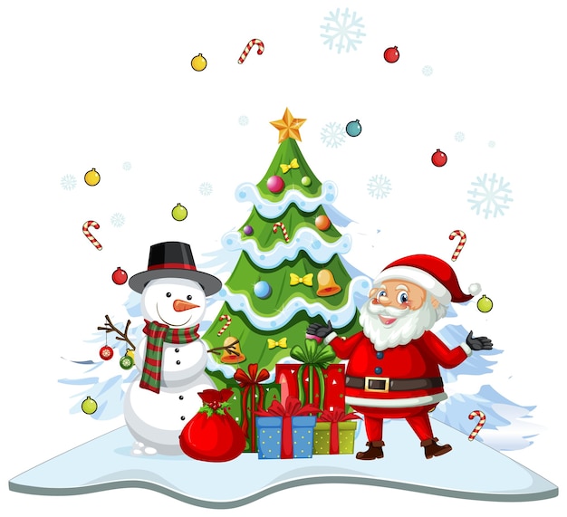 Kostenloser Vektor weihnachtsmann mit schneemann und geschmücktem weihnachtsbaum