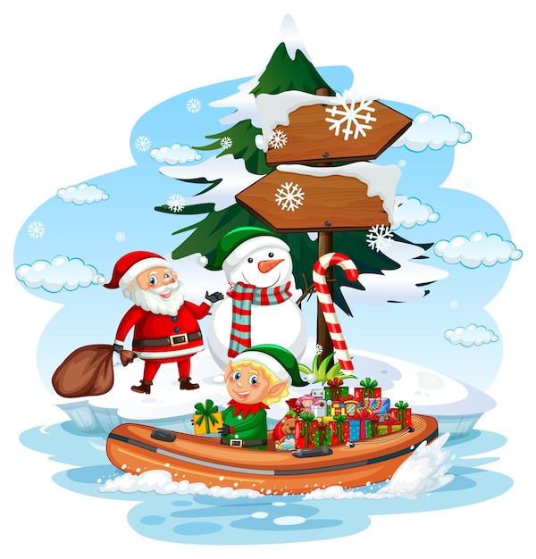 Weihnachtsmann und Elf liefern Geschenke mit dem Boot