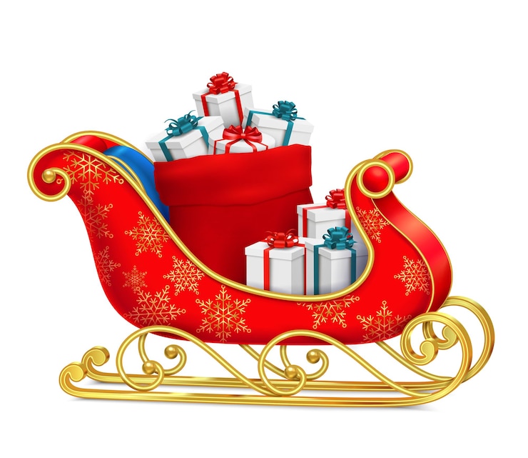 Kostenlose Vektor weihnachtsmannschlitten mit geschenken auf rotem schlitten mit ornamenten