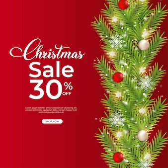 Weihnachtsverkaufsbanner 30% rabatt, realistisches weihnachtsblattzellenbanner mit roter hintergrunddekorationskugelschneeflocke