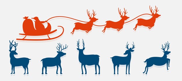 Weihnachtsweihnachtsmann, der auf schlitten mit rentierdesign im satz fliegt