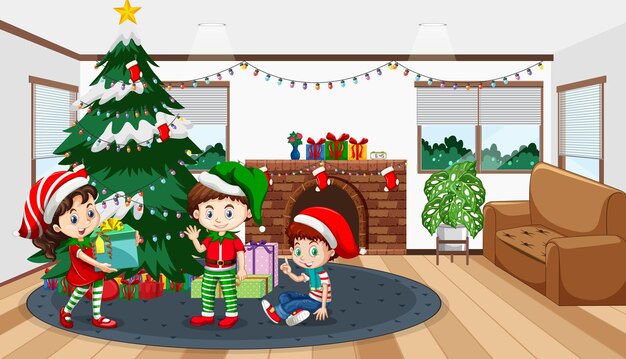 Weihnachtswohnzimmer mit glücklichen feiernden Kindern