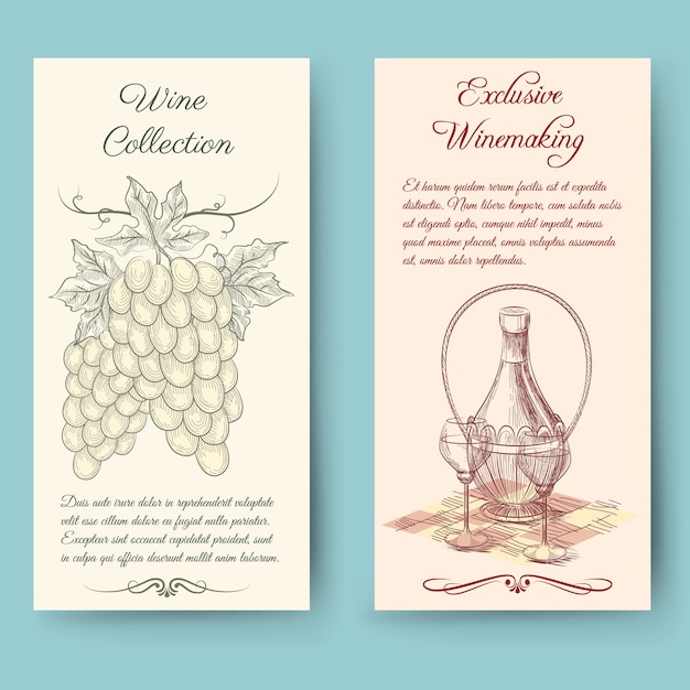 Wein und wein machen vertikale banner. flaschenetikett, fruchtweinlese, vektorillustration