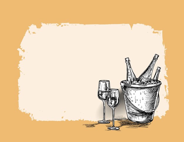 Weinflasche Skizze Glas Wein Handgezeichnete Skizze Vektor-Illustration