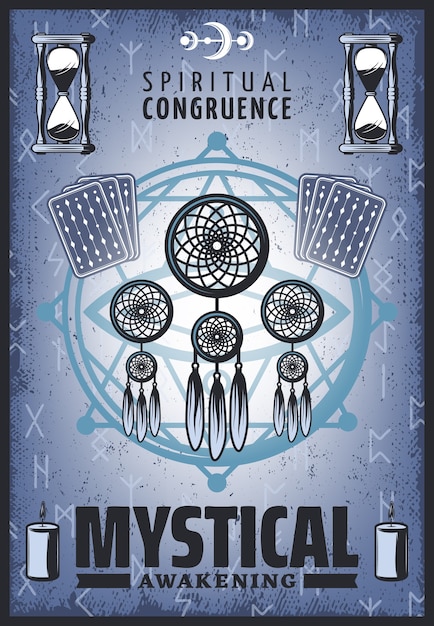 Kostenloser Vektor weinlese-farbiges mystisches plakat mit geistigen schmuck-tarotkarten sandglas-runenbuchstabenkerzen und pentagramm