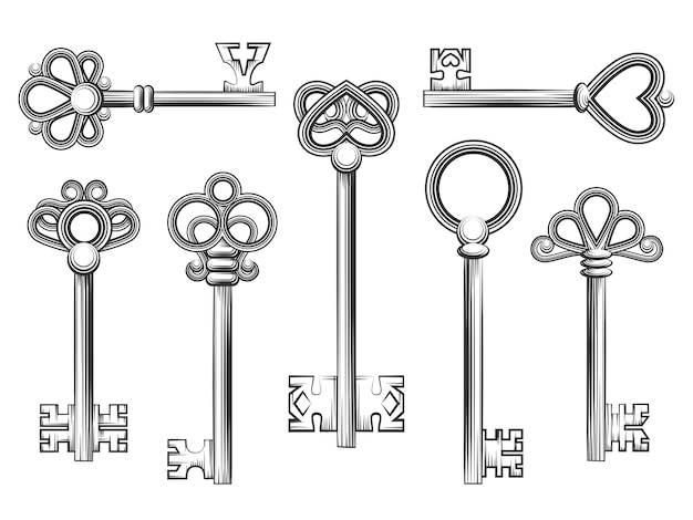 Kostenloser Vektor weinlese-schlüsselvektor gesetzt in gravurart. retro-sicherheitsdesign der antiken sammlung