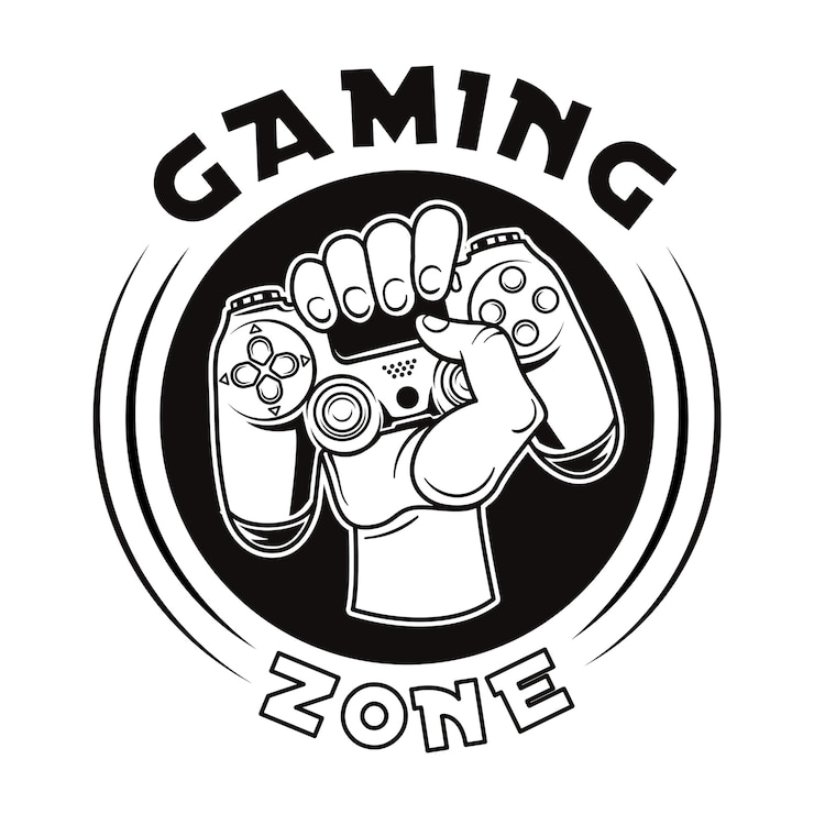 Kostenlose Vektor weinleseabzeichen der hand, die joystickvektorillustration hält. rundes etikett mit gamepad