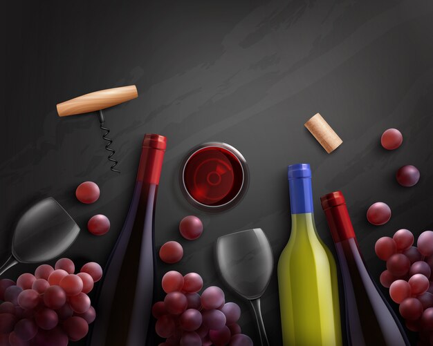 Weinzusammensetzung mit Rot- und Weißwein und Trauben