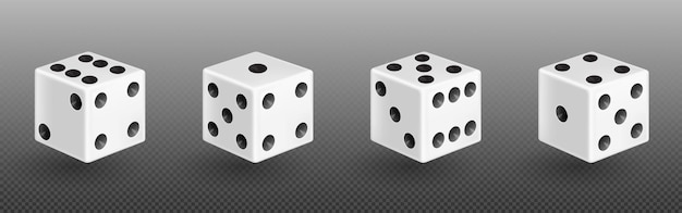 Kostenloser Vektor weiße, isolierte, realistische 3d-würfel für casino-spiel-vektor-symbol. backgammon-glückswürfelrolle mit 1, 6 oder zwei punktzahlen. zufällig rollende quadratische glücksauswahl für poker-gaming-unterhaltungsillustration