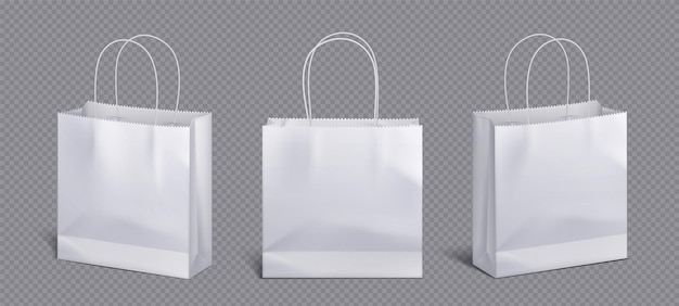Weiße papiertüte und kordelgriff, vektor-attrappe, einkaufspaket-attrappe, um den kauf in der vorderansicht zu tragen, symbol für merchandising-design, 3d-einzelhandel, wiederverwendbare branding-merchandise-illustration