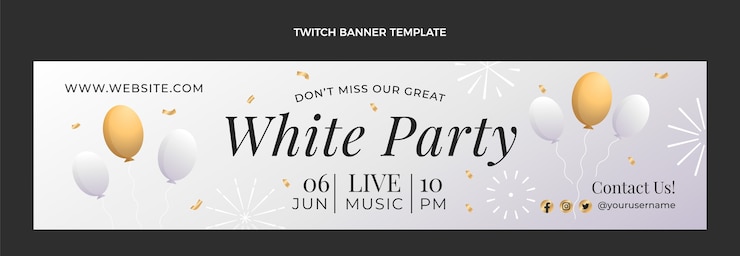 Kostenlose Vektor weiße party-twitch-banner-vorlage mit farbverlauf