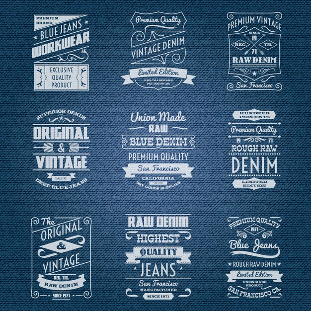 Weiße Typografiekennsätze der Denimjeans