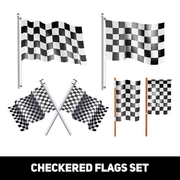 Kostenloser Vektor weiße und schwarze karierte flaggen auf dekorativem ikonensatz der welle und des pfostens realistische farb