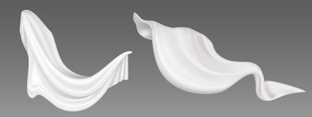 Weißer Fliegenstoff, gefaltetes fliegendes Tuch, weich fließendes Satinmaterial, leichte, klare Vorhänge. Abstraktes dekoratives Textil oder Vorhänge lokalisiert auf grauem Hintergrund. Realistische 3D-Illustration