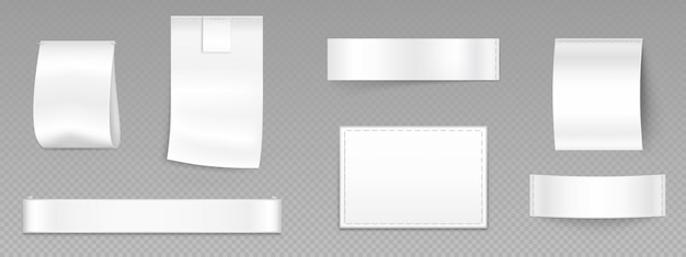 Kostenloser Vektor weißes mode-tuch-marken-etikett mit stich isoliertes hemd baumwoll-abzeichen mit naht für mock-up-set bandmaterial für den gebrauch mit bekleidungsprodukt für wäsche oder größenzeichen 3d-realistische illustration