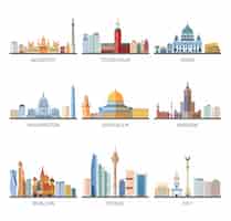 Kostenloser Vektor weltberühmte stadtbilder flache ikonen-sammlung
