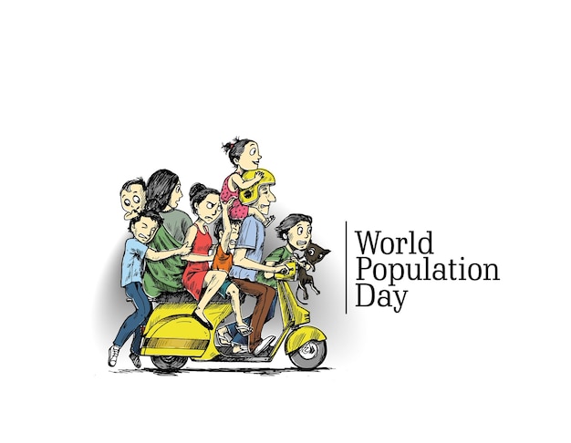 Weltbevölkerungstag 11. Juli Glücklich mit seiner Familie, die auf einem Roller sitzt Handgezeichnete Skizze Vektorillustration