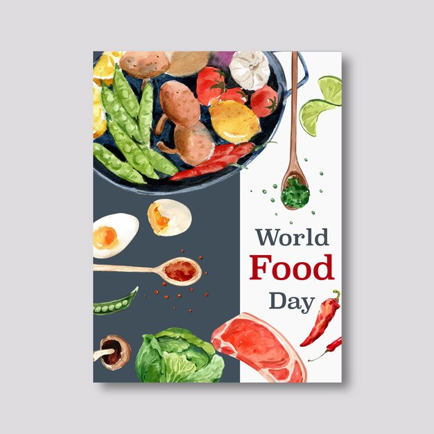 Welternährungstag-Plakat mit Steak, gekochtes Ei, Kalk, Erbsenaquarellillustration.