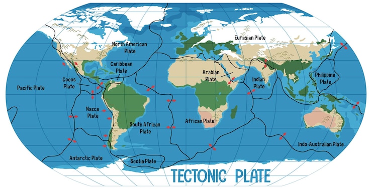 Kostenlose Vektor weltkarte mit tektonischen plattengrenzen