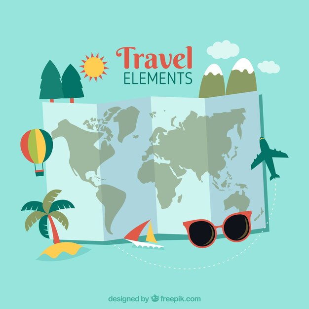 Weltkarte und Reiseelemente mit flachem Design