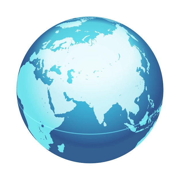 Weltkugel Vektorkarte Indien Naher Osten Asien zentrierte Karte blaue Planetenkugel Symbol isoliert auf weißem Hintergrund