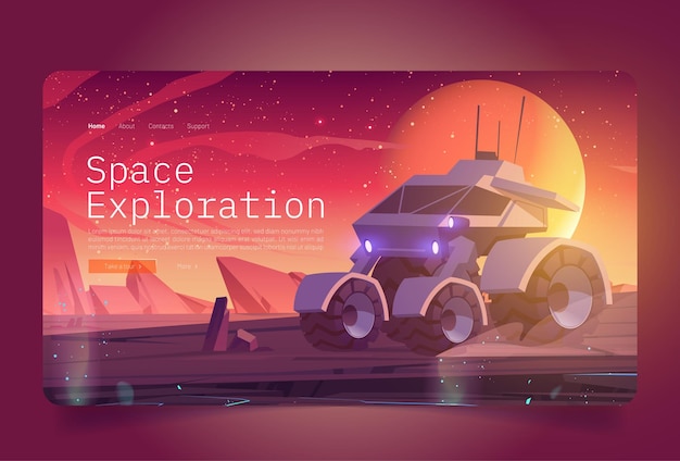 Weltraumforschungsbanner mit rover auf der oberfläche des fremden planeten. vektorlandingpage der kosmosuntersuchung mit karikaturillustration der planetenlandschaft mit entdeckerroboter, felsen und sternen im himmel