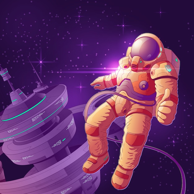 Weltraumtourist, der Spaß auf Bahn-Karikaturillustration hat.