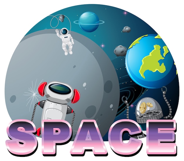 Weltraumwort-Logo-Design mit Astronaut und Roboter