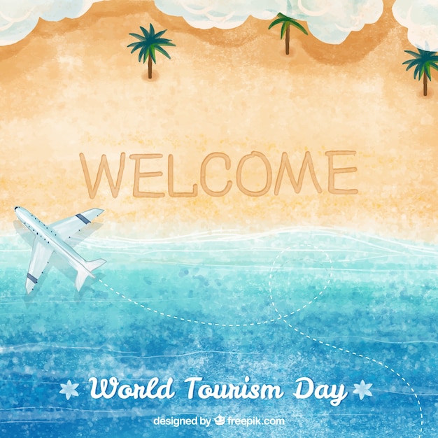 Welttourismus Tag, Aquarell Hintergrund mit einem Strand