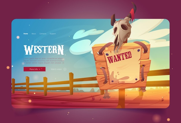 Kostenloser Vektor westbanner mit holzschild mit steckbrief und stierschädel vektor-landingpage des wilden westens mit cartoon-illustration der wüstenlandschaft mit zaun und holzbrett mit sheriff-ankündigung