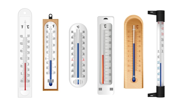 Kostenloser Vektor wetter-ethanol-thermometer mit celsius- und fahrenheit-skalen, realistische sammlung, isolierte vektordarstellung