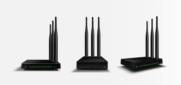 Kostenloser Vektor wifi router front, winkel und seitenansicht modell