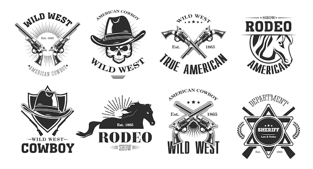 Wild-west-embleme gesetzt. monochrome elemente mit schädel im cowboyhut, rodeopferd, gekreuzte waffe, sheriff-abzeichen. weinlesevektorillustrationssammlung lokalisiert auf weißem hintergrund