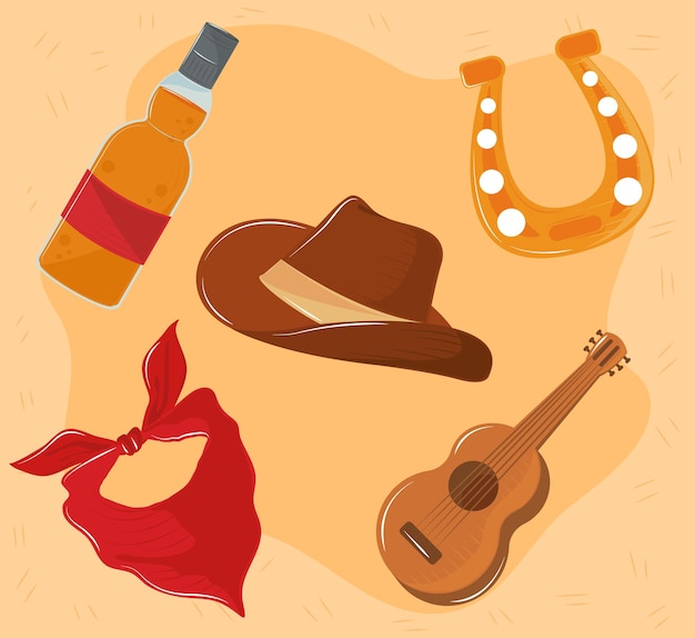 Wild-West-Gitarre und Hut-Icon-Set