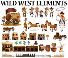 Kostenloser Vektor wilder westen cowboys und gebäude illustration