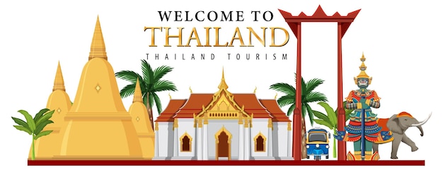 Kostenloser Vektor willkommen bei thailand banner und sehenswürdigkeiten