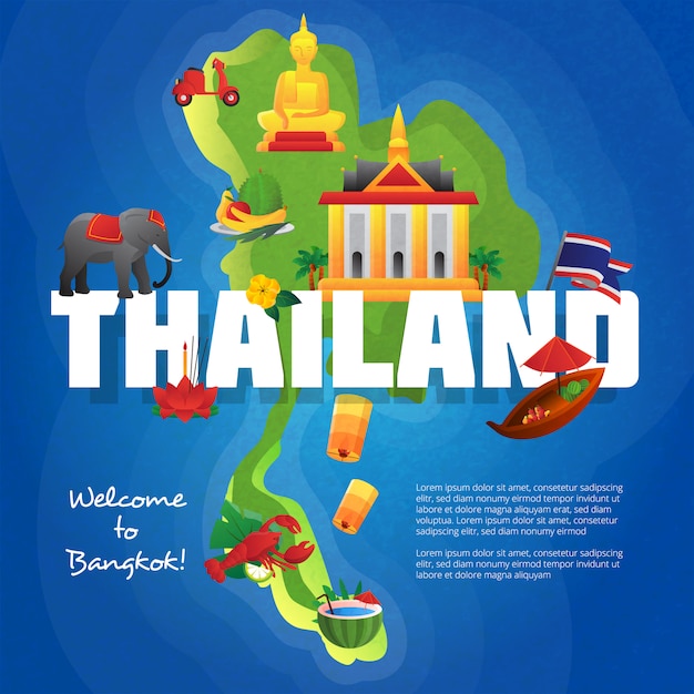 Willkommen zum bangkok-reisebüroplakat mit kulturellen symbolen auf thailand-karte