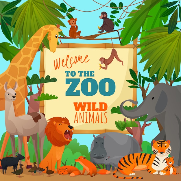 Kostenloser Vektor willkommen zur zoo-karikaturillustration
