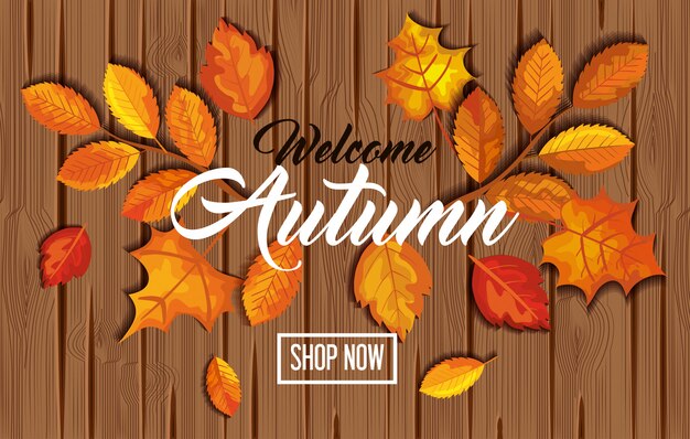Willkommener Herbst mit Blättern auf hölzerner Fahne