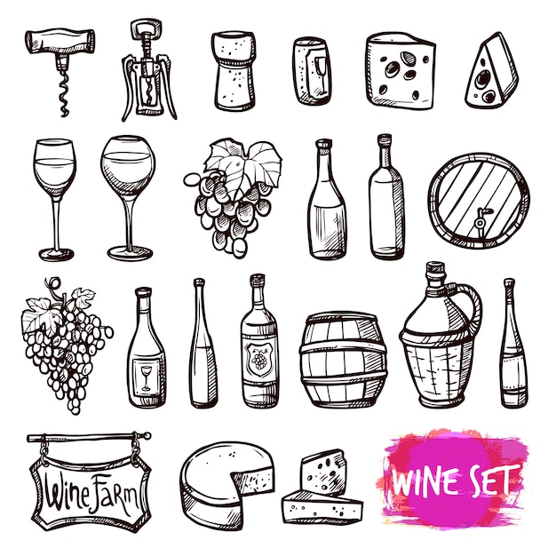 Wine schwarze Doodle-Ikonen-Set