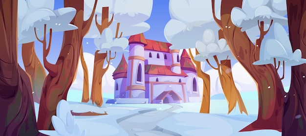Kostenloser Vektor winter cartoon märchenlandschaft mit königlichem schloss im mit schnee bedeckten wald vektorlandschaft einer mittelalterlichen festung mit tor und türmen umgeben von schneebedeckten bäumen alte festung in schneewäldern