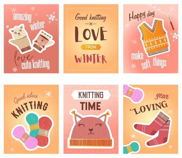 Winter Strick Flyer Set. Häkeln, Faden und Garne, gestricktes Tuch, niedliche Fäustlinge und Sockenvektorillustrationen mit Text. Handgemachtes Hobbykonzept für Handwerksladenplakate und Broschürendesign