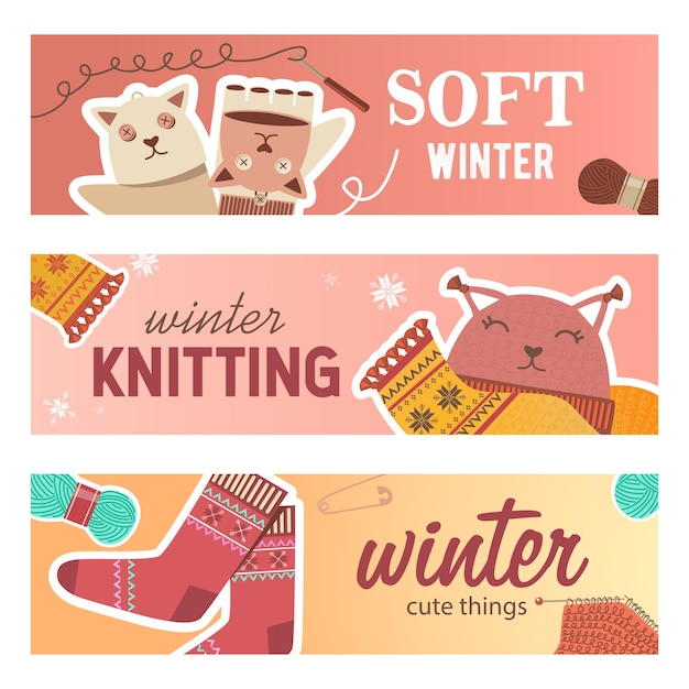 Winter Strickbanner gesetzt. Anstecknadeln und Garne, Häkeln, Strickspielzeug, Schal und Socken Vektorillustrationen mit Text. Handgemachtes Hobbykonzept für Handwerksladen-Flyer und Broschürenentwurf
