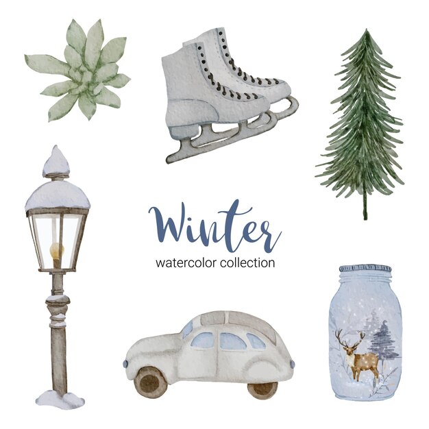 Winteraquarellkollektion mit Gegenständen für den Heimgebrauch.
