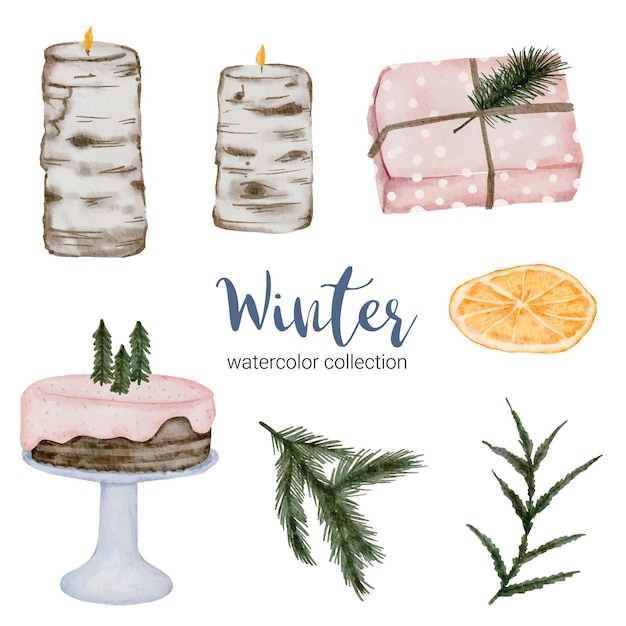 Winteraquarellkollektion mit Gegenständen für den Heimgebrauch.