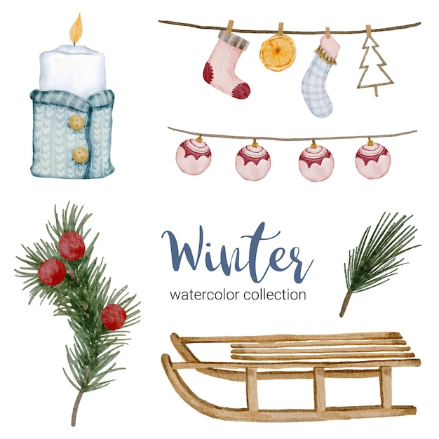 Winteraquarellkollektion mit Gegenständen für den Heimgebrauch.