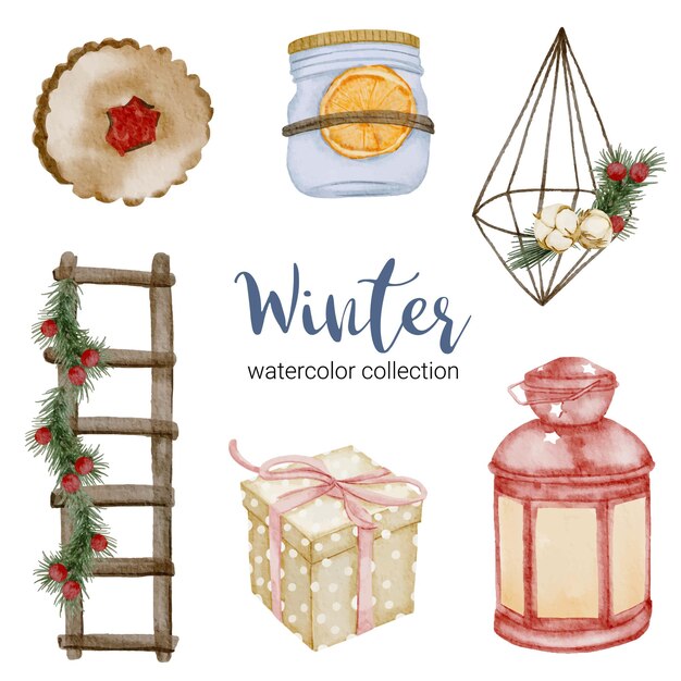 Winteraquarellkollektion mit Gegenständen für den Heimgebrauch.